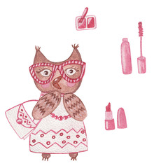Watercolor cute owl girl with makeup tools eyeshadow, lipstick