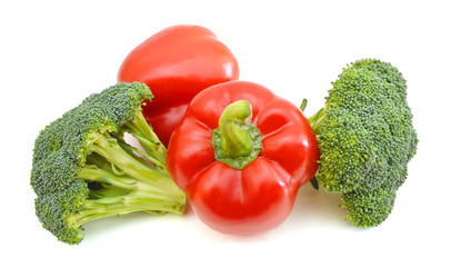 red pepper and broccoli on white background