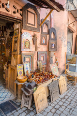 Street of Marrakesh market with traditional souvenirs, Morocco
