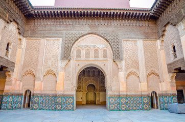 Interior of Ali Ben Youssef Madrassa in Marrakech, Morocco