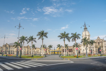 Lima Plaza de Armas with the cathedral and The Government Palace of Peru.
