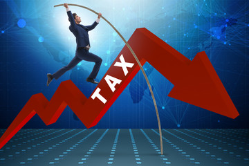 Businessman jumping over tax in tax evasion avoidance concept