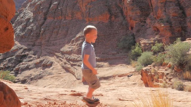 Young boy throwing rocks off a cliff.