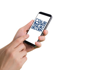 human hand holding smart phone, tablet, cellphone with QR code screen on isolated white background....