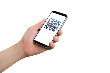 human hand holding smart phone, tablet, cellphone with QR code screen on isolated white background. concept of Authentication.