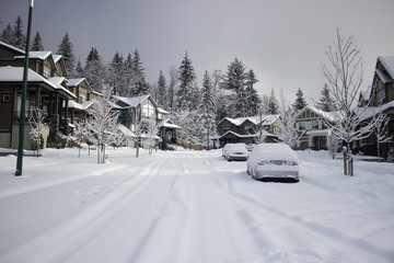 Road and Street Neighbourhood in Snow Storm Winter