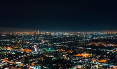 Fototapeta na wymiar Aerial view of highways leading to Downtown Los Angeles at night