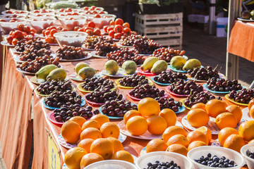 Vegetables and fruit market with various colorful fresh fruits and vegetables