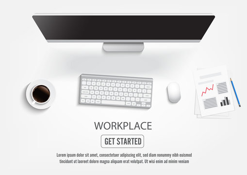 Realistic workplace desktop. Top view desk table, personal computer with keyboard, smartphone, stickers, glasses, open note. illustrator vector.