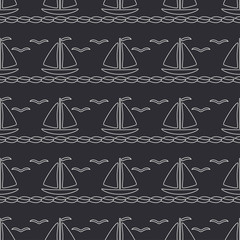 Flat line monochrome vector seamless pattern ocean boat with sail. Simplified retro. Cartoon style. Regatta. Seagull. Summer vacation. Yacht. Art. Illustration and element for your design wallpaper.