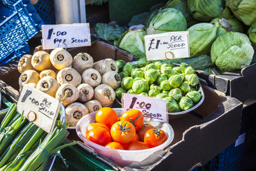 Vegetables and fruit market with various colorful fresh fruits and vegetables