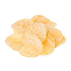 Heap golden potato chips isolated on white background. Fast food template for menu, advertising, cover.