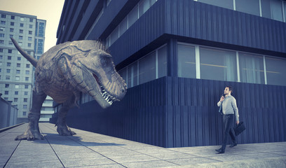 Businessman walking in town and a dinosaur