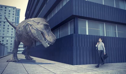 Fotobehang Dinosaurussen Businessman walking in town and a dinosaur  © Orlando Florin Rosu