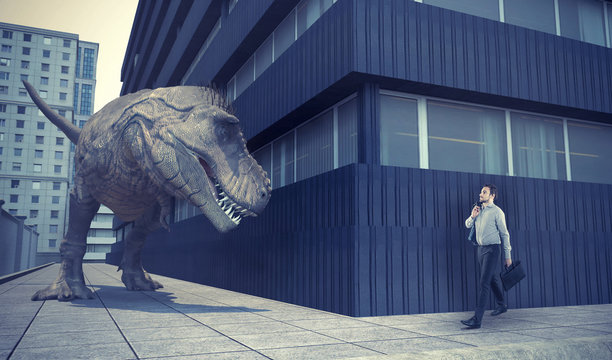 Businessman walking in town and a dinosaur