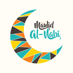 Fototapeta na wymiar elegant, beautiful and creative Happy Mawlid Al-Nabi calligraphy with moon mosaic style