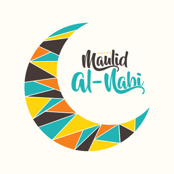 elegant, beautiful and creative Happy Mawlid Al-Nabi calligraphy with moon mosaic style