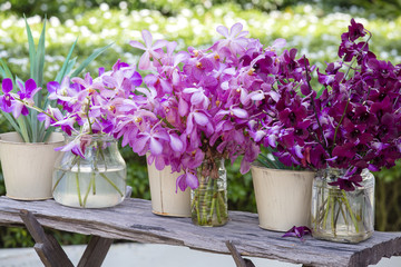 Bouquets orchid flowers in the tropical yard on a wooden table