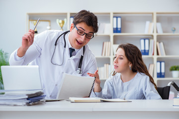 Female patient visiting male doctor for regular check-up in hosp