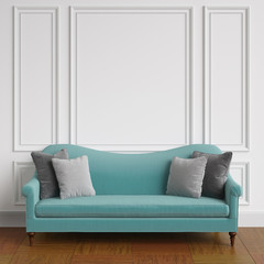 Classic blue sofa with grey pillows   standing in classic interior.White walls with mouldings,floor parquet. Digital illustration.3d rendering