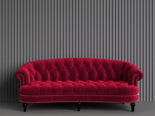 Classic tufted sofa red color in empty grey room with relief stripe wall. Minimal concept.Digital Illustration.3d rendering