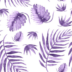 Fototapeta na wymiar Seamless watercolor background from purple tropical leaves, palm leaf, fern, floral pattern. Bright Rapport for Paper, Textile, Wallpaper, design. Tropical leaves watercolor. 