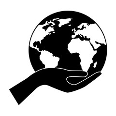 human hand holding earth globe world vector illustration black and white design