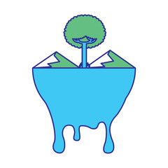 leafy tree mountains melted landscape warning vector illustration blue green design