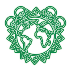 world planet dessert mountains and forest trees vector illustration green neon line graphic