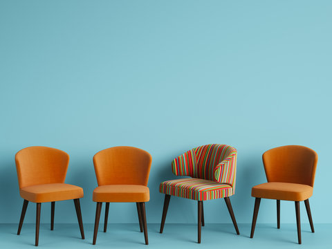 A chair with pattern colorful stripes among simple orange chairs on blue backgrond with copy space.Concept of minimalism. Digital illustration.3d rendering mock up