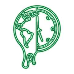 melting earth planet and clock time environment vector illustration green neon line graphic