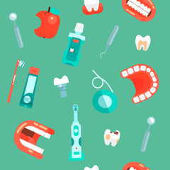 Dental Icons set vector dentist tools dentistry and orthodontics stomatology equipment toothbrush and toothpaste. Teeth cleaning Implants Illustration seamless pattern background
