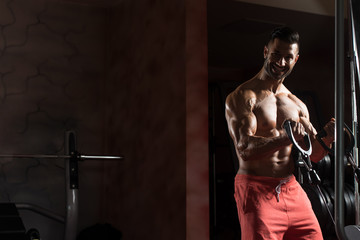 Man Exercising Biceps In The Gym