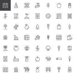 Gardening and farming outline icons set. linear style symbols collection, line signs pack. vector graphics. Set includes icons as rake, shovel, greenhouse, sprout, seeds, garden, can, plant soil
