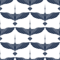 Japanese seamless pattern with beautiful cranes. Chinese vector background with flying birds. Ornament with oriental motives.