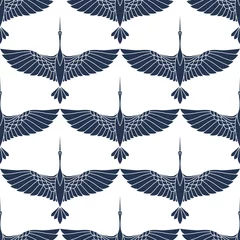 Tapeten Japanischer Stil Japanisches nahtloses Muster mit schönen Kränen. Chinesischer Vektorhintergrund mit fliegenden Vögeln. Ornament mit orientalischen Motiven.