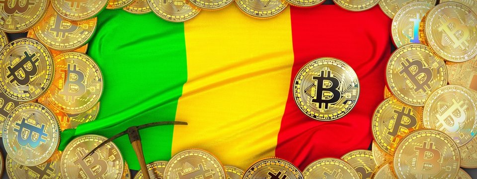 Bitcoins Gold around Mali flag and pickaxe on the left.3D Illustration.