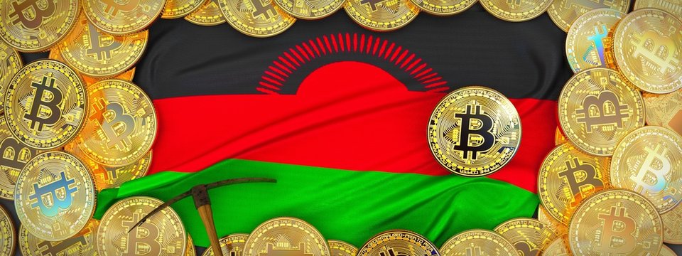 Bitcoins Gold around Malawi flag and pickaxe on the left.3D Illustration.