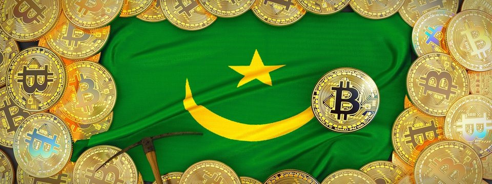 Bitcoins Gold around Mauritania flag and pickaxe on the left.3D Illustration.