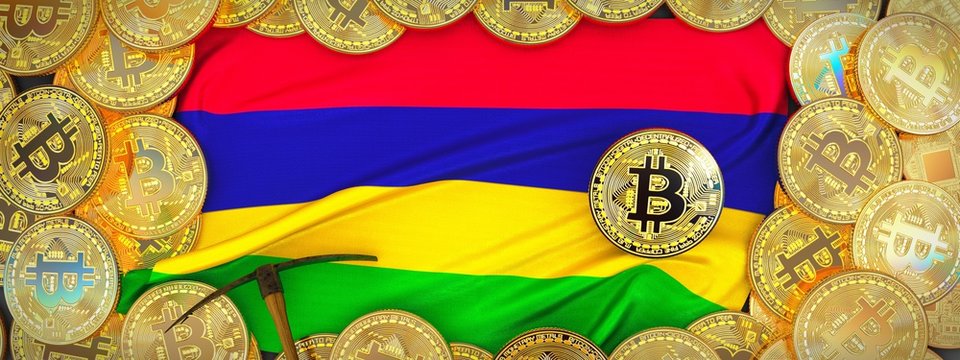 Bitcoins Gold around Mauritius flag and pickaxe on the left.3D Illustration.