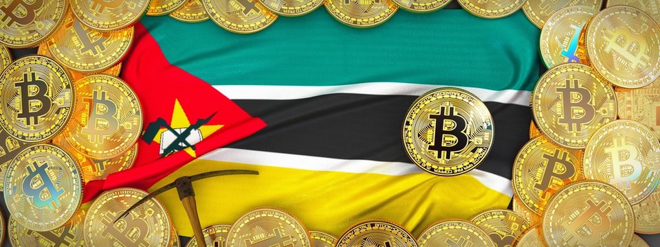 Bitcoins Gold around Mozambique flag and pickaxe on the left.3D Illustration.
