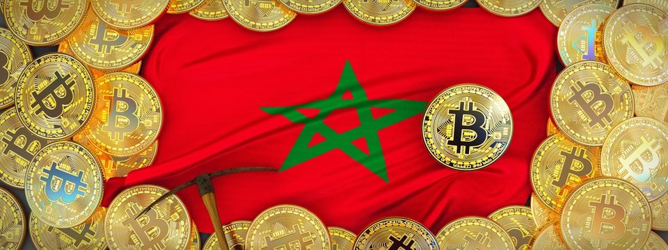 Bitcoins Gold around Morocco flag and pickaxe on the left.3D Illustration.