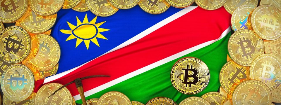 Bitcoins Gold around Namibia flag and pickaxe on the left.3D Illustration.