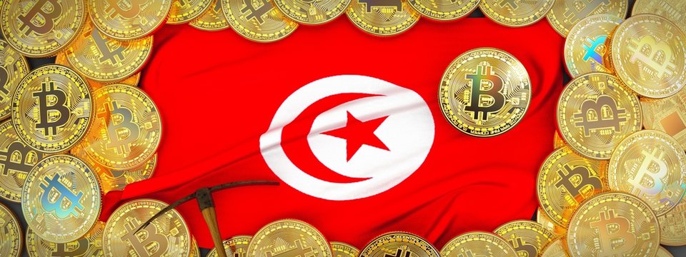 Bitcoins Gold around Tunisia flag and pickaxe on the left.3D Illustration.