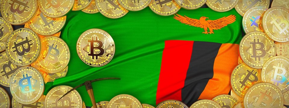 Bitcoins Gold around Zambia flag and pickaxe on the left.3D Illustration.