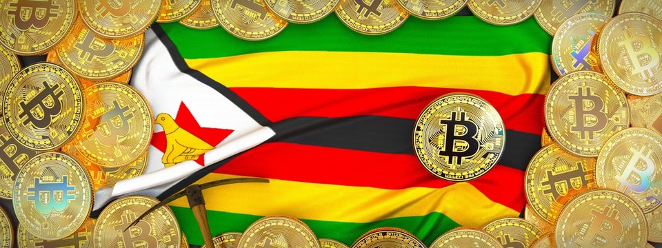 Bitcoins Gold around Zimbabwe flag and pickaxe on the left.3D Illustration.