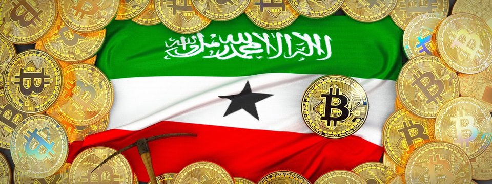 Bitcoins Gold around Somaliland flag and pickaxe on the left.3D Illustration.