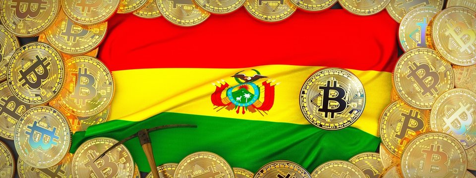 Bitcoins Gold around Bolivia flag and pickaxe on the left.3D Illustration.