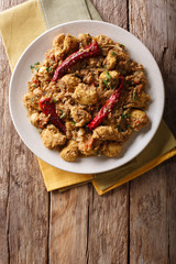 Indian food: Chettinad chicken curry with chili pepper closeup. Vertical top view