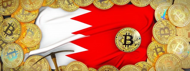 Bitcoins Gold around Bahrain flag and pickaxe on the left.3D Illustration.